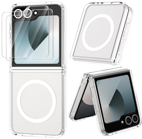 ORETECH Funda para Samsung Galaxy Z Flip 7 FE/Z Flip 6, con[mag-Safe] [2X Protector Pantalla] Antichoque Bumper Carcasa Transparente PC Dura Caso Case para Samsung Z Flip 6 Funda, Claro