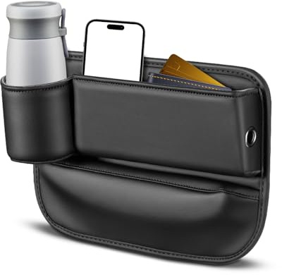 Huakaile Black Car Seat Gap Filler Organizer, Multifunctional Car Leather Cup Holder Gap Bag Pocket, Universal Car Seat Storage Box for Women Men Truck Auto Phone Glasses Key (Black)