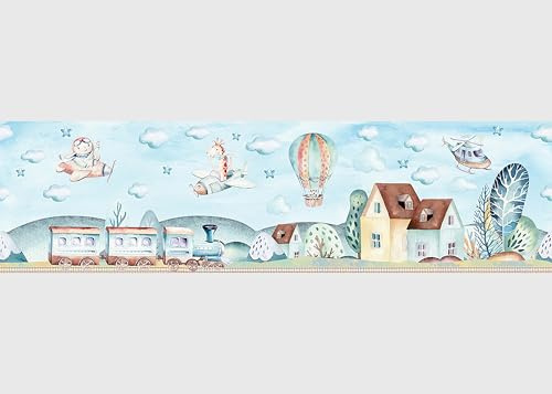 Selbstklebende Bordüre Zug AG Design, AWBD 8028 | Wasserfest Kinderzimmer Wand Aufkleber Dekoration | Wandbordüre für Mädchen und Junge | Folie, Mehrfarbig | Breite 500 cm x Höhe 13.8 cm
