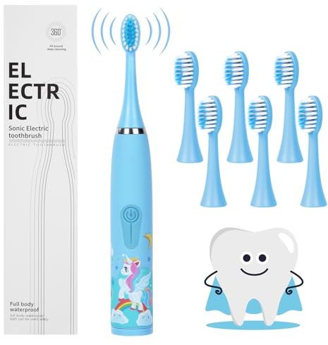 Vicloon Kids Electric Toothbrush,Rechargeable Childrens Electric Toothbrush with 6 Replaceable Brush Heads,Timer 4 Modes, 18000 Strokes,Ipx7 Waterproof,Soft Bristles, Gentle on Teeth & Gums(Blue)