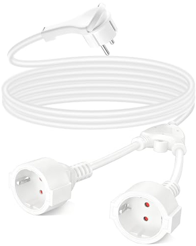 Doppelstecker für Steckdose, 2M 𝗙𝗹𝗮𝗰𝗵𝘀𝘁𝗲𝗰𝗸𝗲𝗿 Verlängerungskabel, 2 Fach Schuko Y Verteiler, 1.5 mm² Flexible Kable, 16A/250V, IP20 Wasserdicht, für Zuhause, Büro Weiß