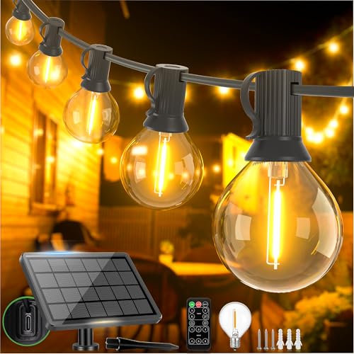 Hcnew Guirlande lumineuse solaire d'extérieur - 10 m - G40 - 6 modes - Avec ampoule G40 - Résistante aux intempéries - IP44 - Étanche - Pour balcon, jardin, pavillon, terrasse, auvent