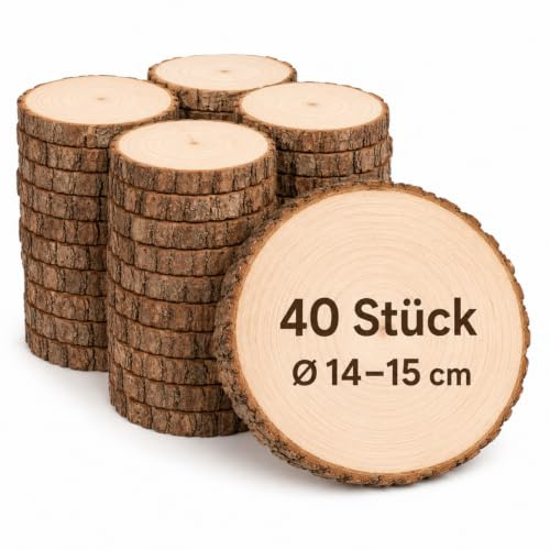 Truevaste 40 STK Holzscheiben 15cm, Baumscheiben Deko ohne Loch für Malerei | Ø14-15cm,Unbehandeltes Kiefernholz,Holzscheibe zum Basteln für Lasergravur,Untersetzer,Tischdeko,Hochzeitsdeko,Weihnachtsdeko