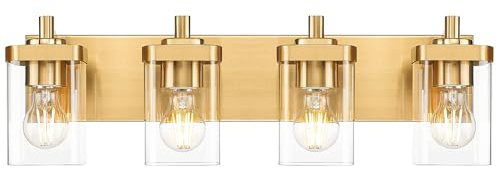 METWET Bathroom Light Fixtures, 25 Brushed Gold Vanity Light, 4-Light Modern Wall Sconces with Square Clear Glass Shade, Vanity Lighting Fixtures Over Mirror, VL194-BG-4