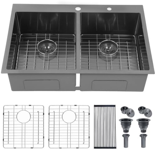 SHACO 33x22 Inch 50/50 Double Bowl Black Drop In Kitchen Sink, 33 Inch Gunmetal Black 16 Gauge Stainless Steel Top Mount Kitchen Sink with Grid and Accessories