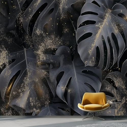 Art Papier Peint Intissé Plante Monstera 200 x 140 cm Muraux Tapisserie Photo Décoration Murale, Papier Peint Salon Chambre Bureau Couloir Peinture Murale Déco, Gris Foncé
