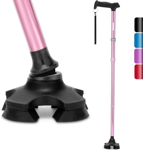 Rehand Bastón para Hombres y Mujeres, Plegable, Ajustable, Ligero, Pivote Autónomo, Agarre de Mango Suave, con Bolsa de Viaje, Bastones para Personas Mayores y Adultos (Rosa)