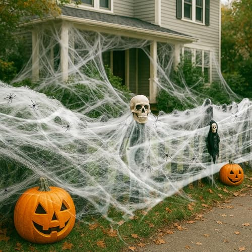 Xyxu Halloween Decorations Spider Web - 300g Stretchable White Halloween Cobwebs with 60 Realistic Black Plastic Spiders for Indoor Outdoor Haunted House, Party, Garden Decorations