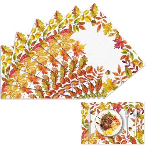Herbst Tischsets, Ahornblatt Platzsets 6er Set, Waschbares Tischset 40x28cm, Halloween Ahornblatt Tischsets Abwaschbar, Nuss Tischset Platzsets für Tisch, Küche, Essen Restaurant, Urlaub, Party