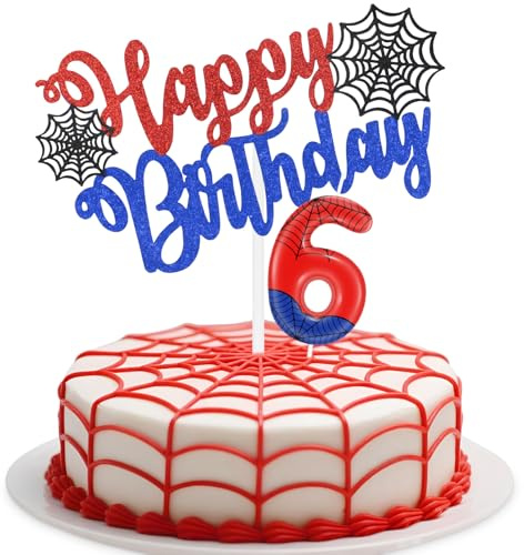iNINGER Spider Themed Birthday Cake Decoration,Red Spider 6th Birthday Candles Cartoon Themed Number 6 Candle Decorations for Boys Girls Kids Party Supplie