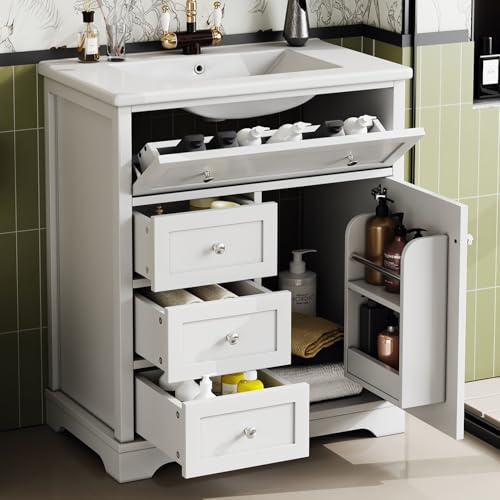 Generisch Waschbecken mit Unterschrank Bodenstehender Waschbeckenunterschrank 46x76x87cm, freistehend Badmöbel Set mit Keramikbecken und Schubladen für Badezimmer Gäste Bad, Weiß