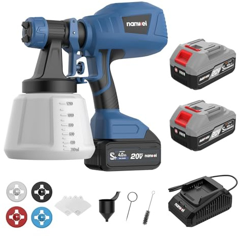 NANWEI Cordless Paint Sprayer with 2 Batteries, HVLP Spray Gun with 1200ML Container,with 4 Nozzles and 3 Patterns,Paint Sprayer Gun for House Furniture Cabinets Painting (with Battery)