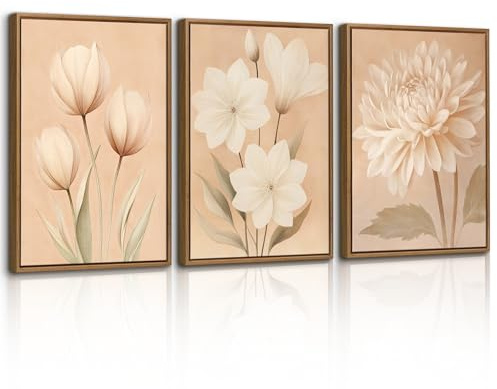 WENGTIAO Leinwand Bilder mit Rahmen, Vintage Blumen Wandbilder | Minimalistisch Boho Geblümt Gerahmte Kunstdrucke auf Leinwand für Moderne Wohnzimmer Schlafzimmer Wanddeko 40x60cmx3
