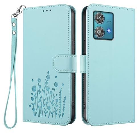 HAOYE Funda de Cuero Floral para Motorola Moto Edge 40 Neo, Cartera Multi-Bolsillos con Cierre Magnético, Soporte Plegable & Carcasa Protectora TPU Antigolpes - Verde Claro