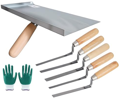 Yalitrca 6PCS Pointing Trowel Set - 5 Carbon Steel Pointing Tool, 1 Stainless Steel Mortar Pan, 1 Pair of Protective Gloves, Trowel Set for Grouting, Bricklaying, Jointing, DIY Home Renovation