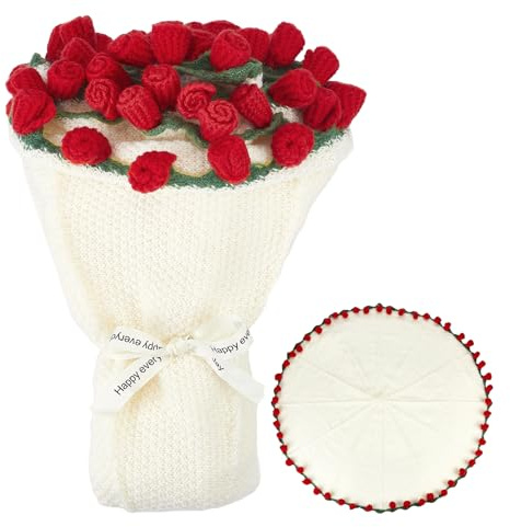 AHANDMAKER 1Pc Handmade Roses Flower Bouquet Blanket Red Roses Knitted Throw 46in Round Polyester Blanket for Wedding Valentine's Day Home Decor Christmas for Mom Women