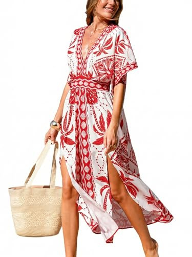 CUPSHE Vestido largo bohemio de verano para mujer, escote en V, media manga dolman, cintura con abertura lateral, vestido de playa para vacaciones