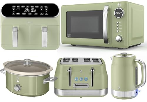 Swan Retro Revive Green Kitchen Bundle Set - 1.7L Jug Kettle, 4 Slice Toaster, Digital Microwave, 8.5L Dual Basket Air Fryer & 3.5L Slow Cooker. Vintage Matching Green Set with Chrome Accents