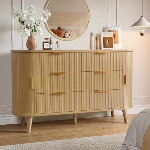 Decofy Fluted 6 Drawers Dresser, 55'' Wide Wood TV Stand for Bedroom, Mid Century Modern Chest of Drawers with Sliding Door & Metal Handle (Oak)