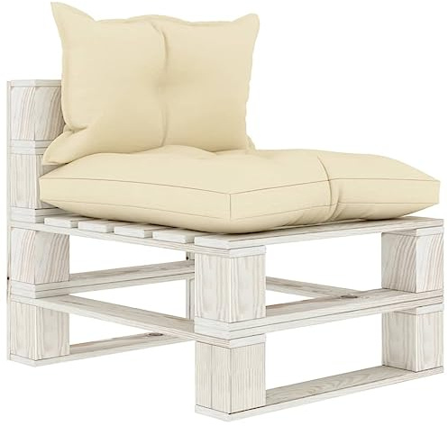 QUAHEAS Garten Paletten-Mittelsofa aus Kiefernholz, Creme Kissen, 60x67,5x60,8 cm, Robustes Outdoor-Loungesofa für Terrasse, Balkon & Wohnzimmer