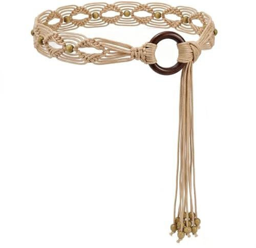 WHIPPY Boho Geflochtener Gürtel für Damen mit handgewebtem Wachsseil Landhaus-Quastengürtel für Kleider, 5 cm breit