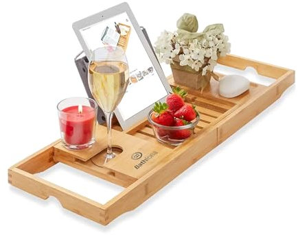 Extendable Wooden Bath Caddy Tray – Bamboo Bathtub Rack with Wine Glass, Candle, Book, Tablet & Phone Holder – Adjustable Bath Board Shelf & Foldable Bathroom Tray for Spa Relaxation