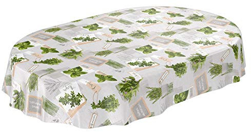ANRO Tischdecke Wachstuchtischdecke Wachstuch Wachstischdecke pflegeleicht abwaschbar Kräuter Grün Beige Bio Basilikum Oval 140 x 200cm eingefasst