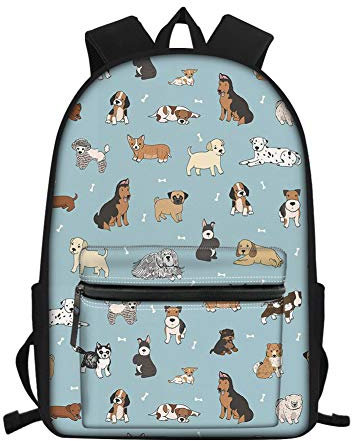 Showudesigns Cute Dog School Bag Pack for Girls Boys Puppy Doodles Print Kids Backpack with Water Bottle Holder Elementary Student Schoolbag Bookbags Blue