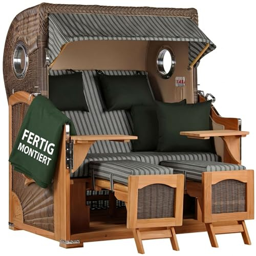 MR. DEKO® Strandkorb Düne Teak 2-Sitzer Bullauge | PE Geflecht Grey | Volllieger Strandstuhl verstellbar | inkl. 4 Kissen Wechselpolster | Strandkörbe fertig montiert aus Teakholz | (Dessin 504)