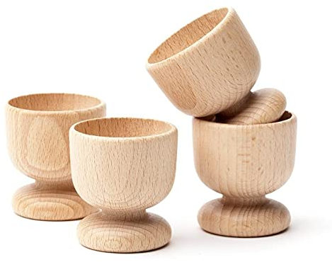 Wooden World 4 hueveras de madera, juego de 4 soportes para huevos de madera de haya natural, accesorios de Pascua