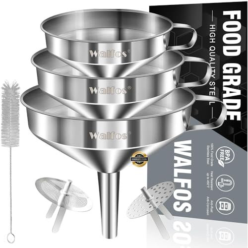 Walfos Kitchen Funnel, 3 Pack Stainless Steel Funnel (14cm+ 12cm+ 10cm) with 2 Removable Strainer ＆ 1Pcs Cleaning Brush, Perfect for Transferring of Liquid, Oils, Jam, Dry Ingredients & Powder