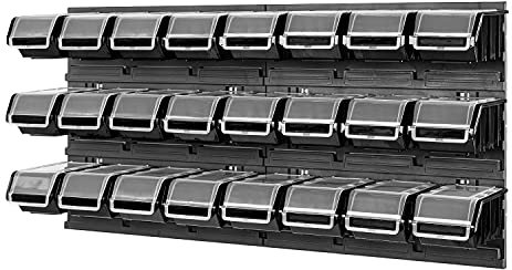 PAFEN Lagersystem Stapelboxen mit Deckel Wandregal 772 x 390 – 24 Stück Boxen - Werkzeugwand Werkstattregal Schüttenregal, Schwarz