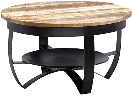 FineBuy Couchtisch 60x34x60 cm Mango Massivholz/Metall Industrial Schwarz Rund, Sofatisch Wohnzimmertisch Massiv, Kleiner Tisch Salontisch Wohnzimmer