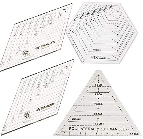 ANCLLO Quilt-Lineal, mit 60-Grad-Dreieck und Diamanten, 45-Grad-Diamanten, sechseckige Vorlagen, transparentes Patchwork-Nähen, Schneiden, Bastel-Lineal, DIY-Werkzeuge, 4 Stück