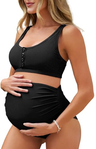 Summer Mae Maternity Ribbed High Waist Swimsuit Crop Top Bikini Bathing Suit High Cut Two Piece Pregnancy Swimwear Black Large
