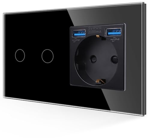 JIMEIDA Glas Touch Lichtschalter mit Steckdose, 1-Fach Unterputz mit USB-C | Touch Glas, USB (A+A) , 16A Steckdose, Blau LED, Feuerfest PC, VDE-geprüft, Schwarz, 86x157mm