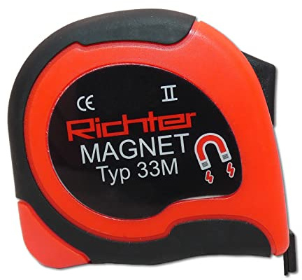 Taschenrollbandmaß 5m mit Magneten - verschiebbarer Anschlag für Außen- und Innenmaß - mit Feststeller und Gürtelklemme - beidseitige mm-Einteilung auf Vorder- und Rückseite