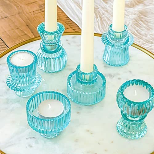 Kate Aspen Lot de 6 bougeoirs Vintage en Verre nervuré Bleu, Bougies piliers, Bougies Chauffe-Plat et Bougies votives (3 Tailles Assorties), décoration de Table à Manger, décoration d'étagère, Centre