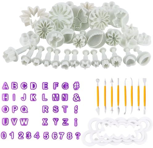 Fondant Ausstecher Backen Fondant Set DIY 84tlg Ausstechformen für Buchstaben Zahlen Rose Blume Formen Set mit Buchstaben Modellierwerkzeug Rose Blume Formen Set für Torten Deko