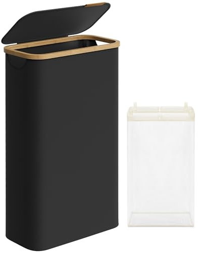 SONGMICS Wäschekorb mit Deckel, Wäschesammler 65 L, platzsparend, herausnehmbarer Wäschesack, Oxford-Gewebe, Griffe aus Bambus, zusammenklappbar, 42 x 22,5 x 70,5 cm, tintenschwarz LCB506B01