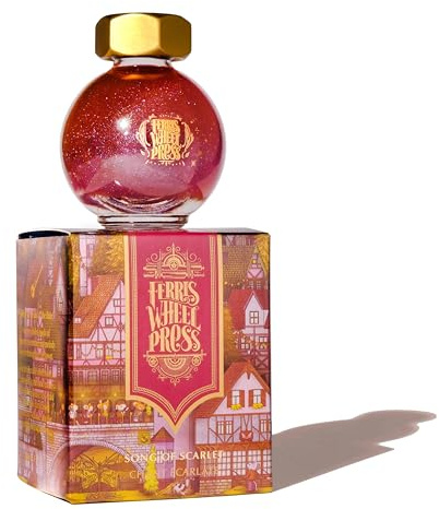 Ferris Wheel Press Ink, FerriTales Collection, Song of Scarlet, Scarlet Red with Blue Shimmer and Yellow Sheen, 20ml Fountain Pen Ink Bottle