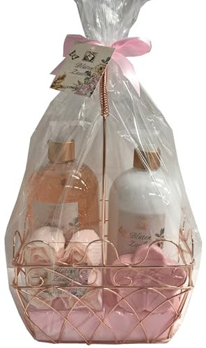 Accentra Badeset BLÜTENZAUBER in Drahtkorb, inkl. 500ml Duschgel, 500ml Bodylotion, 80g Seife, 4 x 4g Badekonfetti, Duft: Maracuja & Grapefruit - rosa/beige