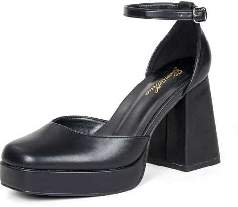 GENSHUO Décolleté con Plateau Grosso da Donna Décolleté con Punta Quadrata Chiusa da 10 cm con Cinturino alla Caviglia Abito da Festa di Nozze Nero 41 EU