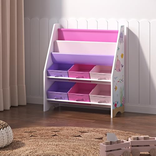 [en.casa] Scaffale per Cameretta con Contenitori Morbidi per Libri e 6 Cassetti Pieghevoli (AxLxP) 74 x 62 x 26,5 cm Mobile a Misura di Bimbi - Decorazione Oceano - Rosa/Viola