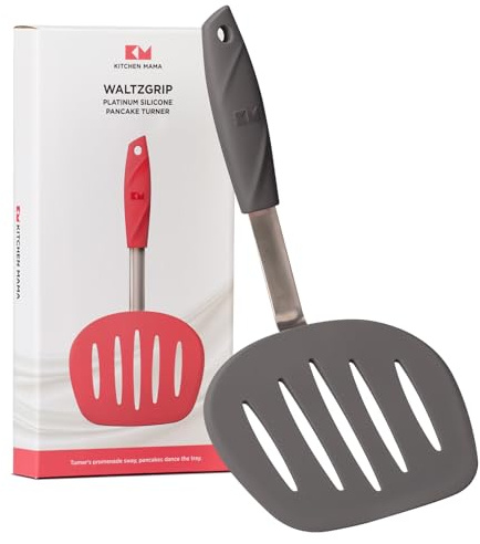 Kitchen Mama WALTZGRIP Pfannenwender aus Platinsilikon: Hitzebeständig, breiter, konischer Kopf mit Schlitzen, Edelstahlkern, langlebig, spülmaschinenfest, zum Wenden von Speisen (Metallgrau) | Hitzebeständig, flexibel, Edelstahlkern, antihaftbeschichtet, spülmaschinenfest