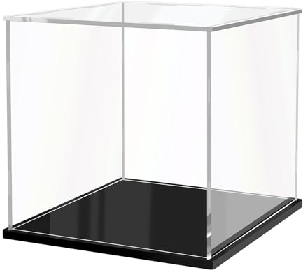 JUJOMAT Acryl Vitrine Schaukasten Transparente Staubdichte Box 30*30*30cm | Klare Groß Acryl Boxen für Modelle Action-Figuren Spielzeug Sammlerstücke mit Schwarzer Basis; Handschuhe Putztuch