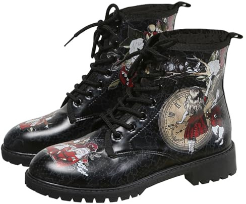 Ulalaza Bottes pour Femmes Bout Rond Talons Bloc Bottines Plateforme Gothique À Lacets Punk Bottes De Combat De Moto en Cuir Imprimé Multicolore Grosses Bottes Courtes