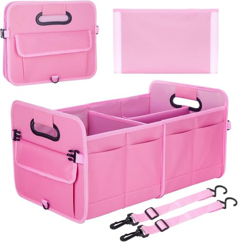Syzplnwy Premium Kofferraum-Organizer mit Verstellbare Riemen, 66 L Faltbare Kofferraumtasche Multifunktionell für Auto, Camping, Picknick, Einkaufen (3 Fächer, Rosa)