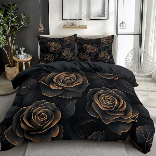 Double Duvet Cover, Theme Dark Black Gold Floral Microfiber Bedding with Oversized Roses, Reversible Elegant Romantic Design Home Decor Duvet Cover for Master Bedroom Guest Room, 200 x 200 cm