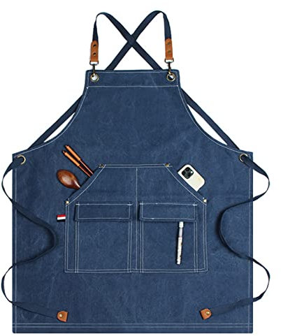 BCJMKDX Schürzen for Männer, Arbeitsschürze, Segeltuchschürze, Werkstatt-Werkzeugschürze mit verstellbaren Trägern for Friseur, Küche, Gärtner, Café(Blu)